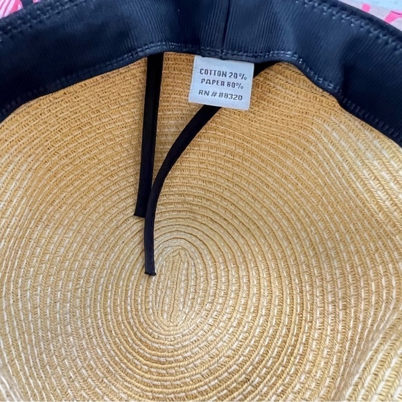 C.C Floppy Wide Brim Tan Straw Sun Hat Floral Pattern Ribbon & Adjustable Ties - Picture 12 of 12